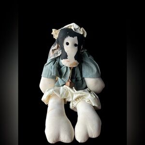 Rare Vintage 1970s Cow Plush Doll With Dress and Hat Plush with Bell